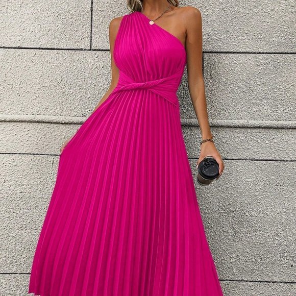 . Dresses & Skirts - Hot Pink Casual Womens One Shoulder Twist Front Pleated Hem Dress